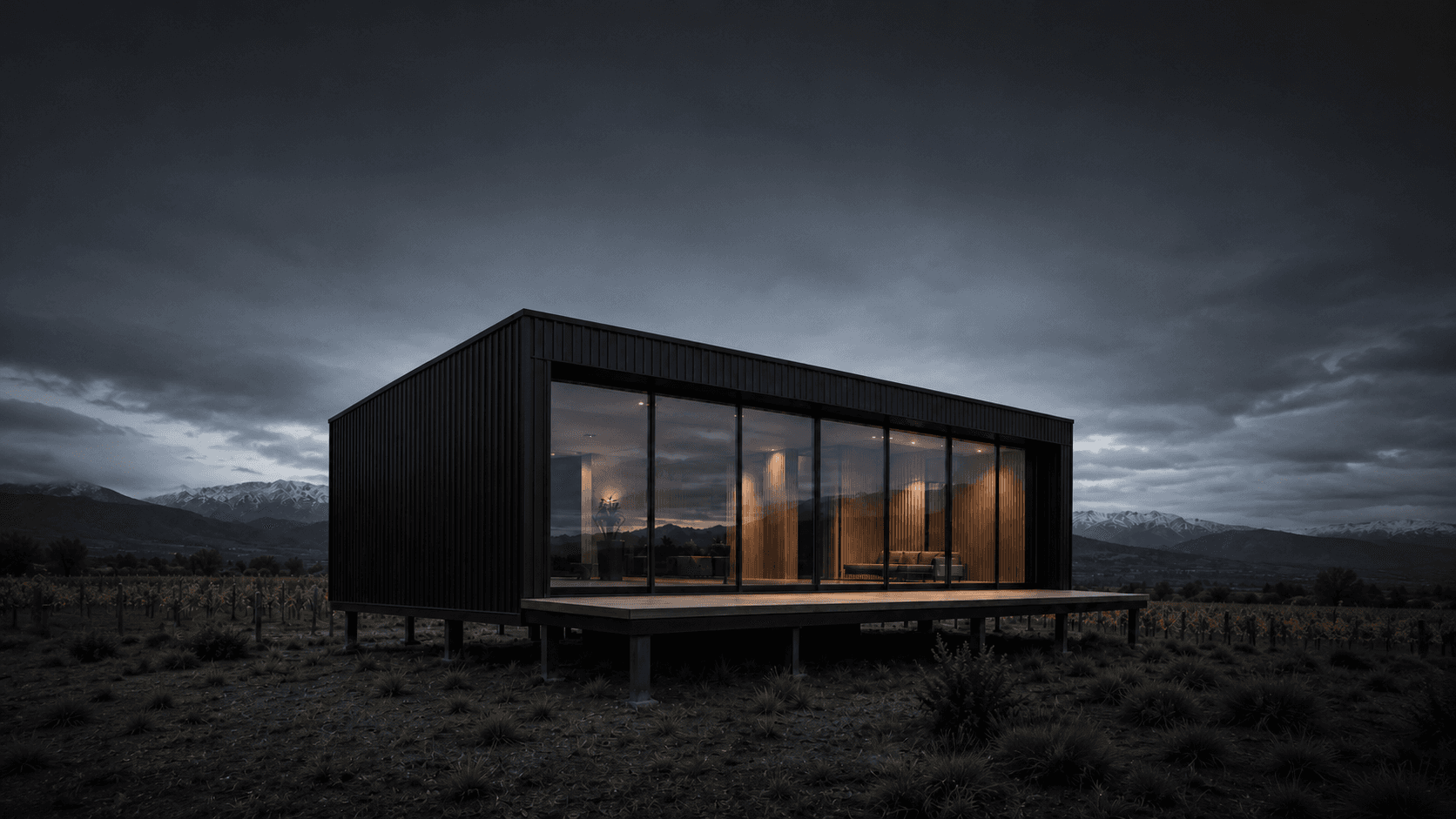 Casa modular Colorado al atardecer frente a la cordillera