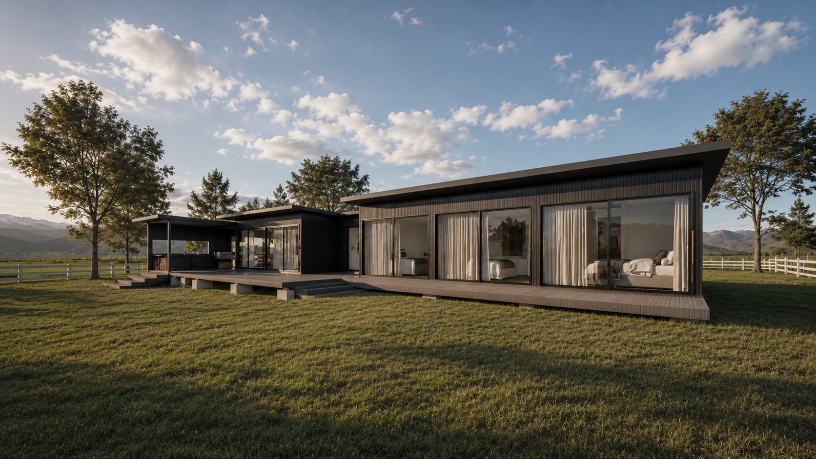 Casa modular Colorado de un piso en pradera con cielo despejado y cordillera al fondo