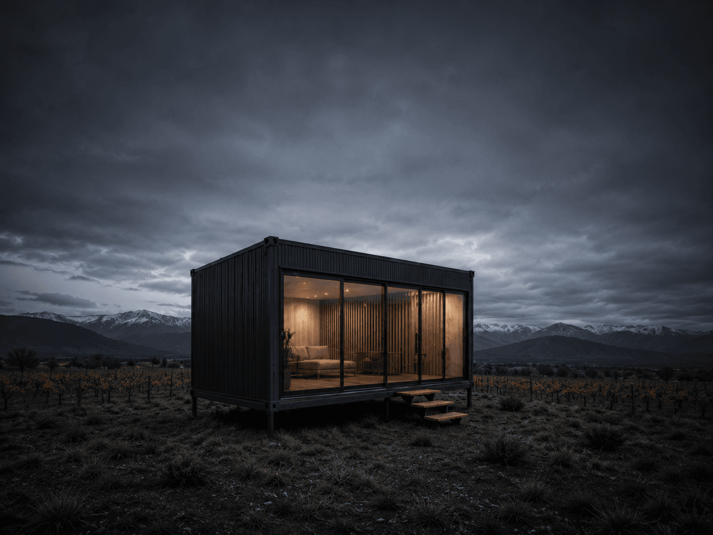 Módulo básico Colorado de 25 m² al atardecer frente a la cordillera