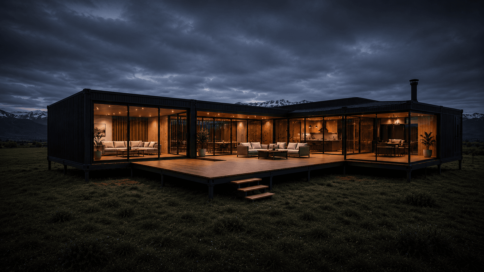 Casa Colorado de un piso de hasta 167 m² iluminada al atardecer