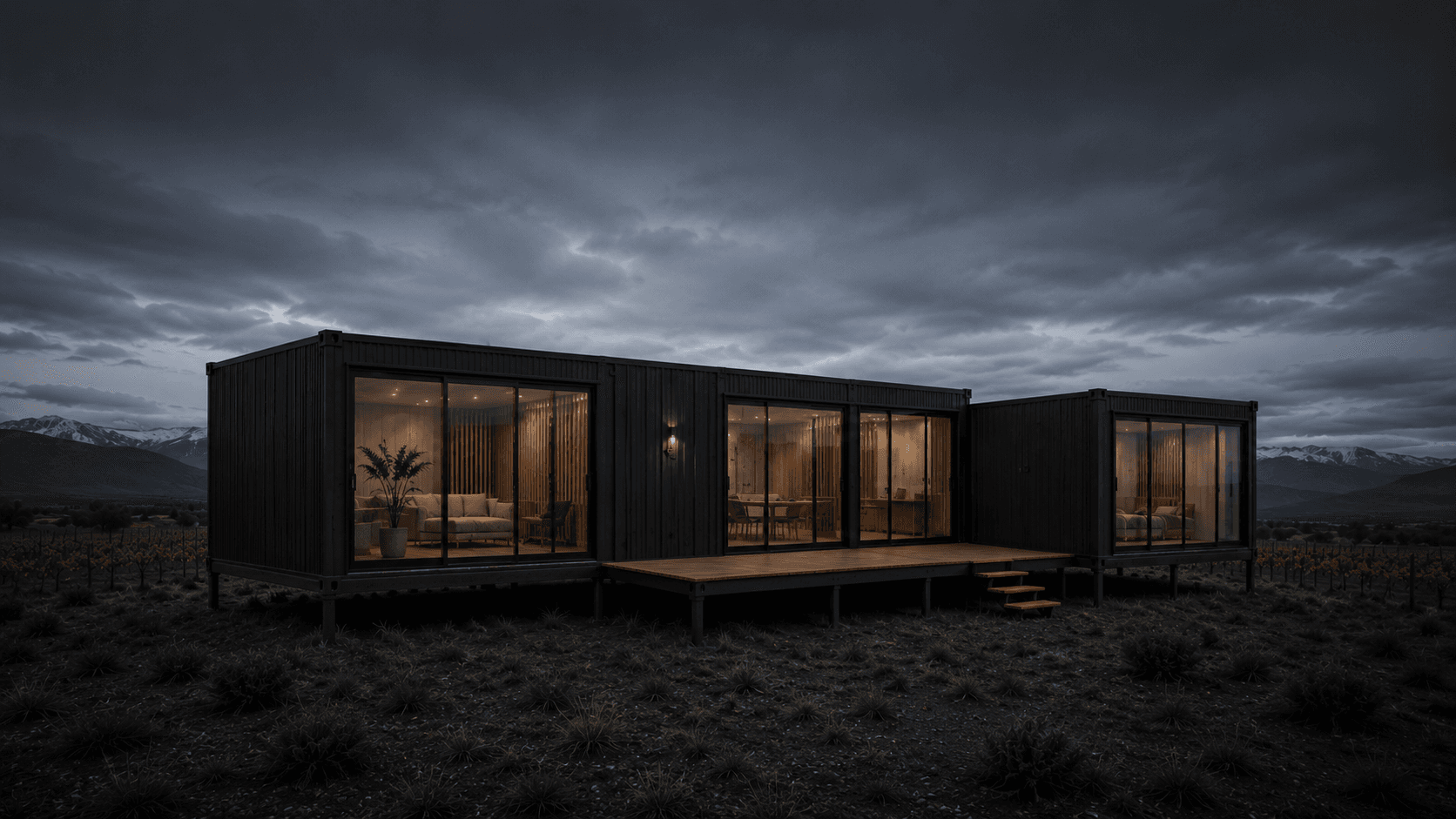 Casa modular Colorado de varios módulos conectados frente a la cordillera al atardecer